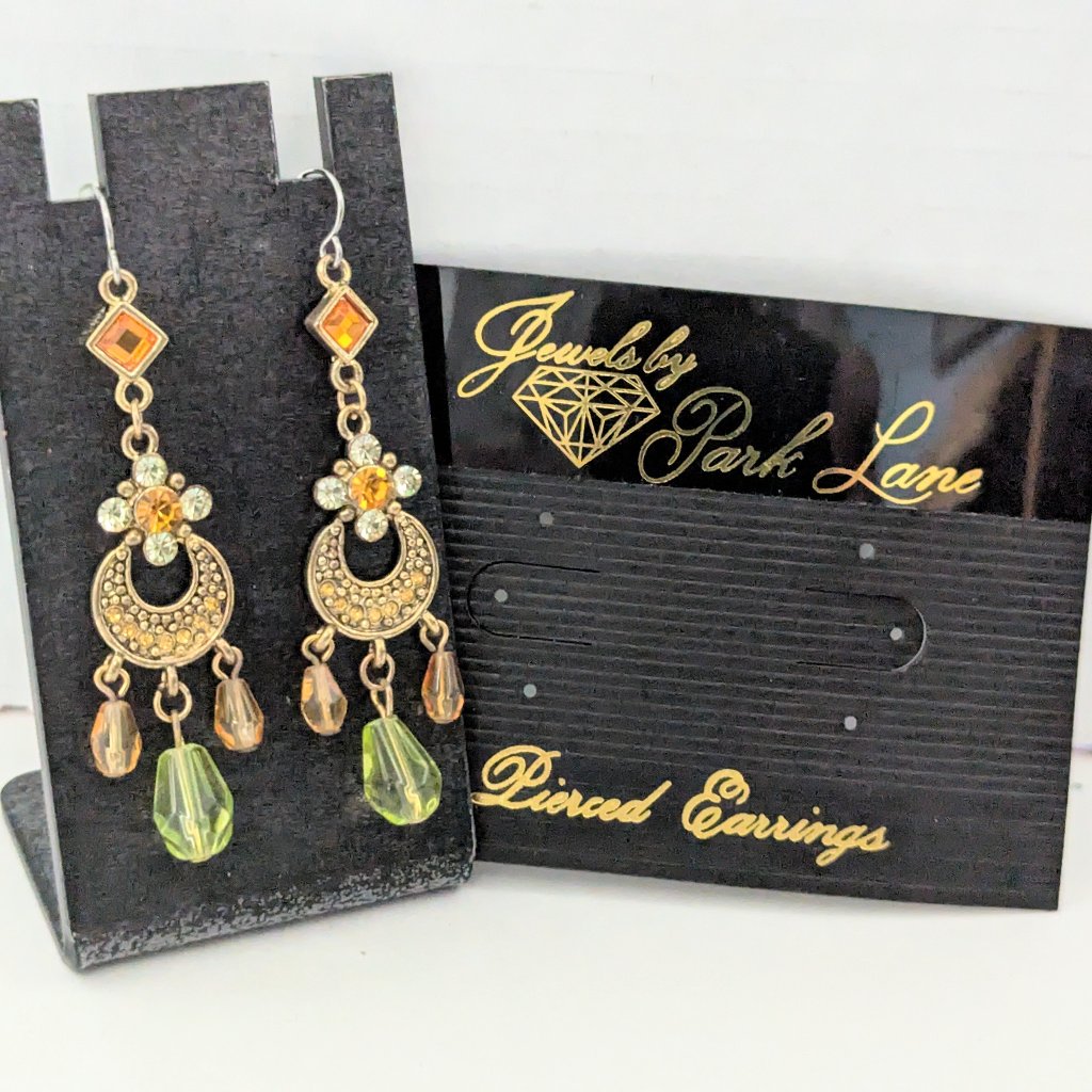 Vintage Jewels By Park Lane Gold Tone W/ Green/Orange Crystal- Like Earrings